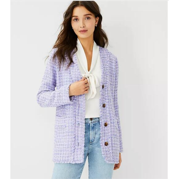 ANN TAYLOR Fringe Tweed Cardigan Jacket Blazer in Purple Tweed // 8 - Picture 1 of 10